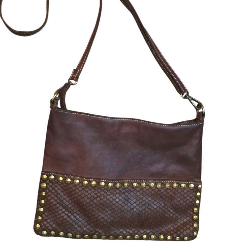 Caterina Ratti Rare Italian Tooled Leather Crossbody Bag Studded Python Panel Ma - Picture 5 of 6